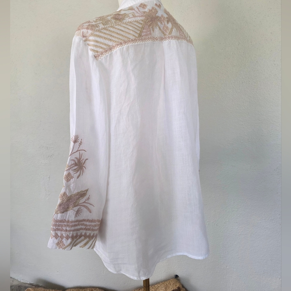 Johnny Was Talia Embroidered Ramie Blouse White Tonal Boho Bell Sleeve S - Picture 6 of 16